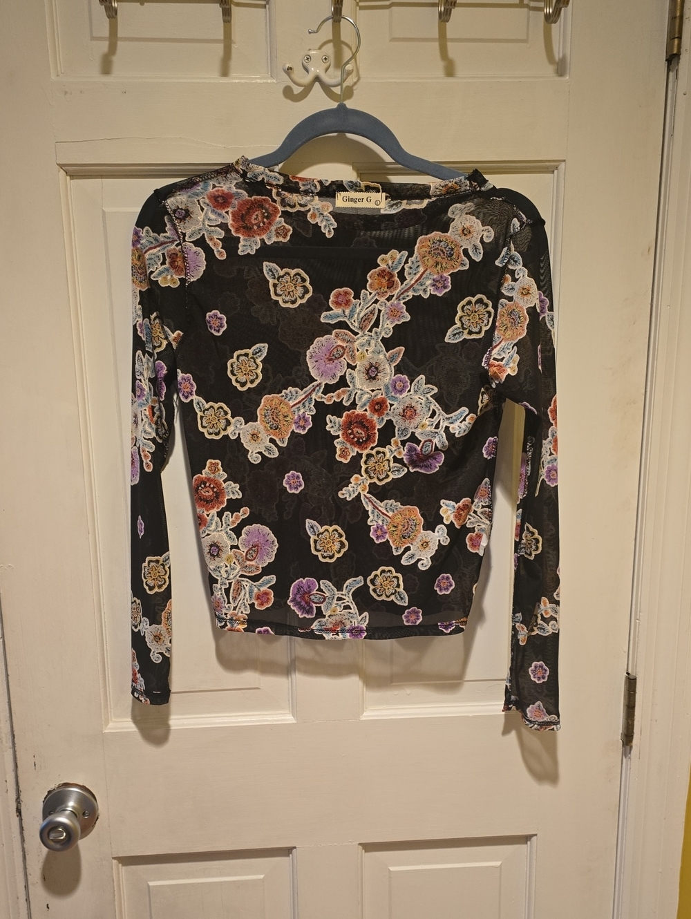 Ginger G Black Floral Burnout Velvet Long Sleeve Top